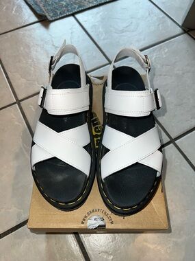 Dr. Martens White Leather Crisscross Sandals with Black Footbed